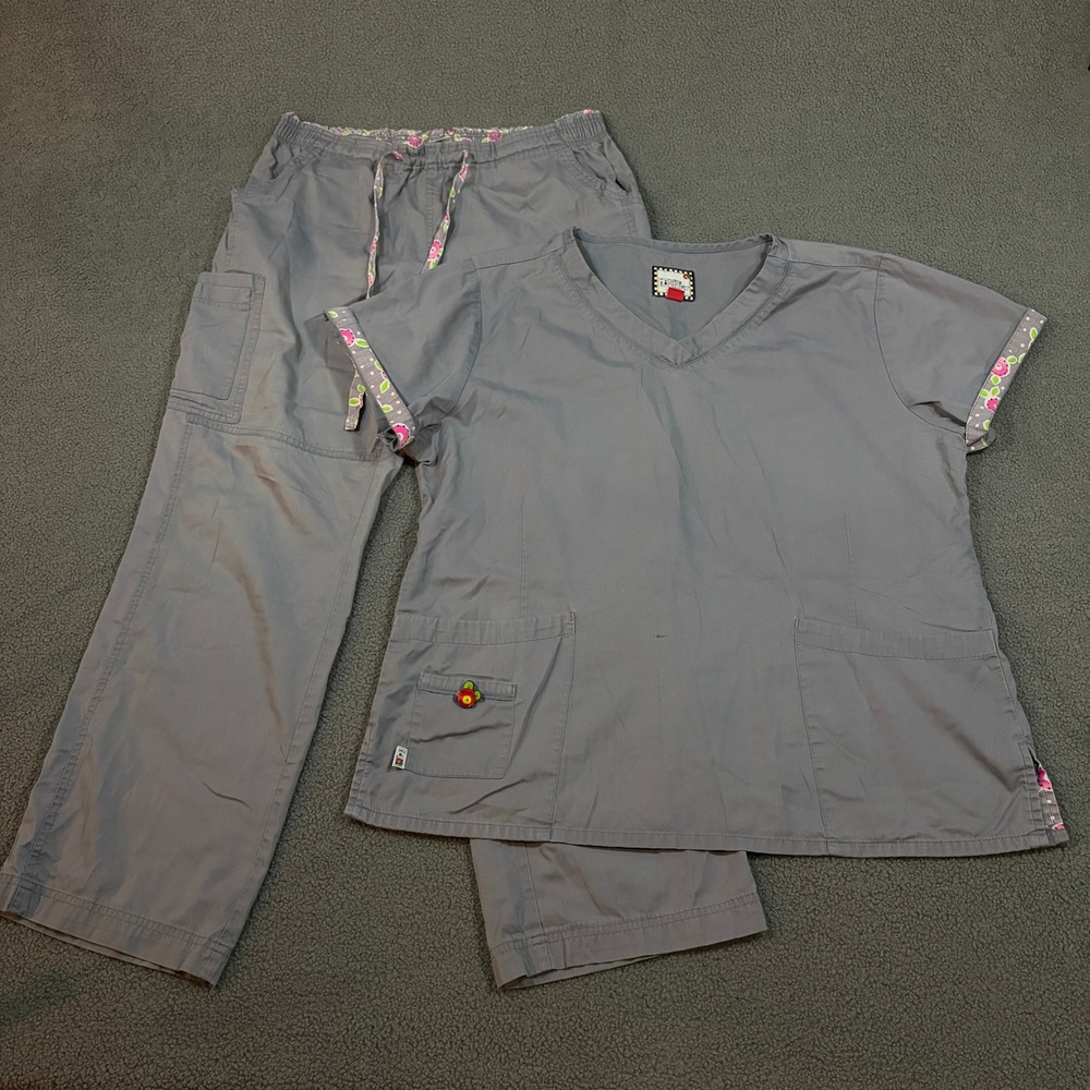 Mary Engelbreit Scrub Set Women L Gray Floral Trim V-Neck Top Cargo Pants M8002